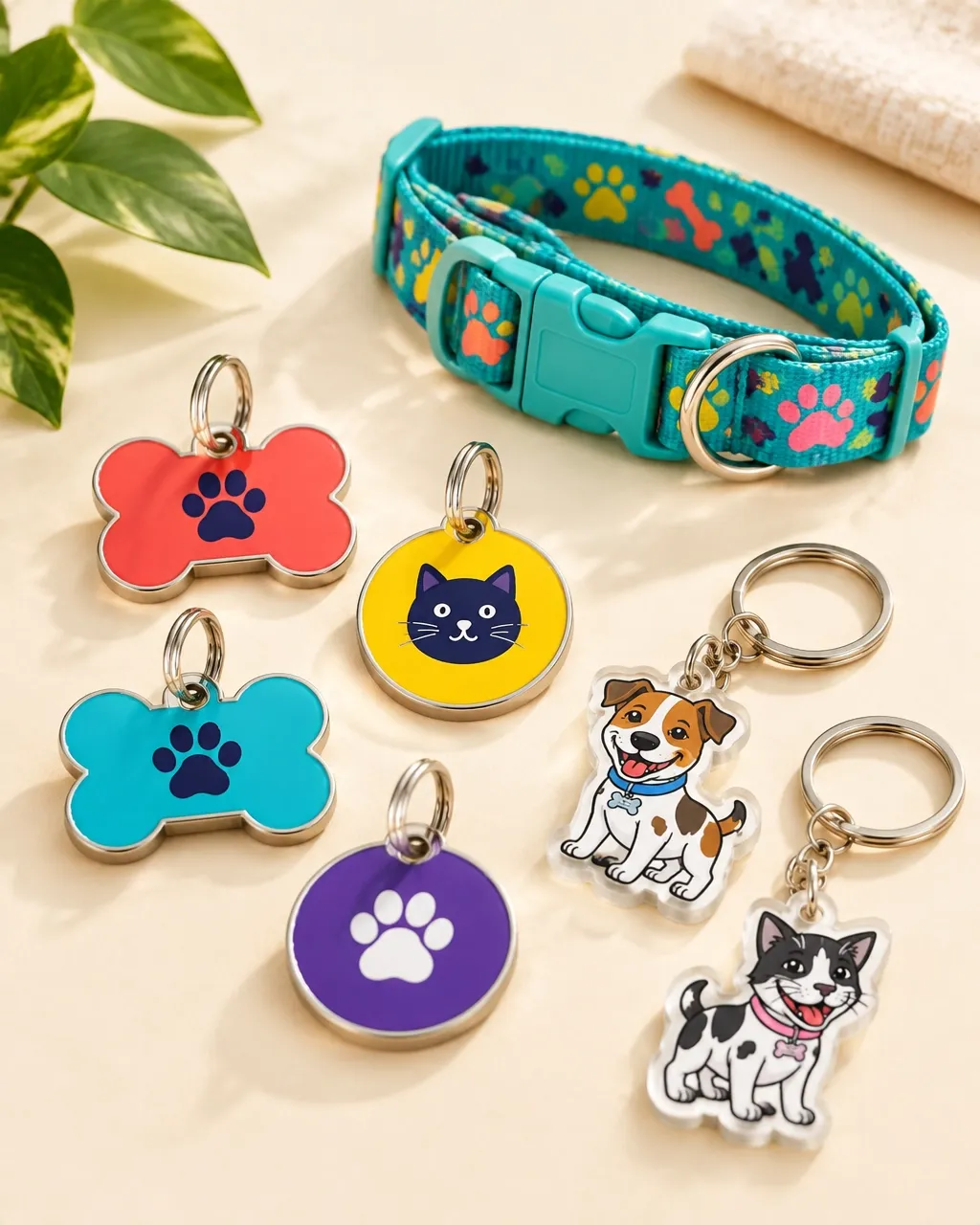 A colourful collection of pet tags, a collar and keyrings